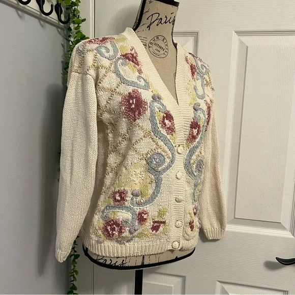 Elegant Floral Knit Cardigan - Cream, Blue, and Pink - Picture 3 of 7
